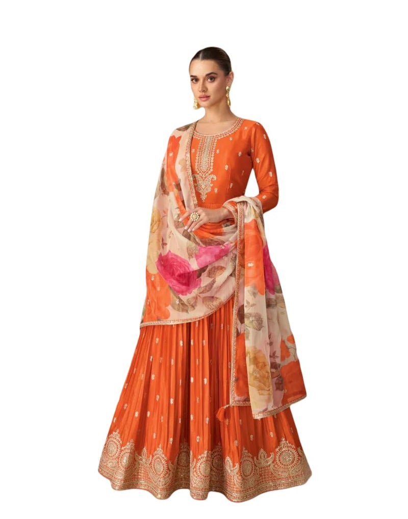 Miss Ethnik Women's Orange Chinon Stitched Gown With Dupatta Full Sleeve Embroidered A-Line Gown (ME-1307-Orange-4XL) - Image 1