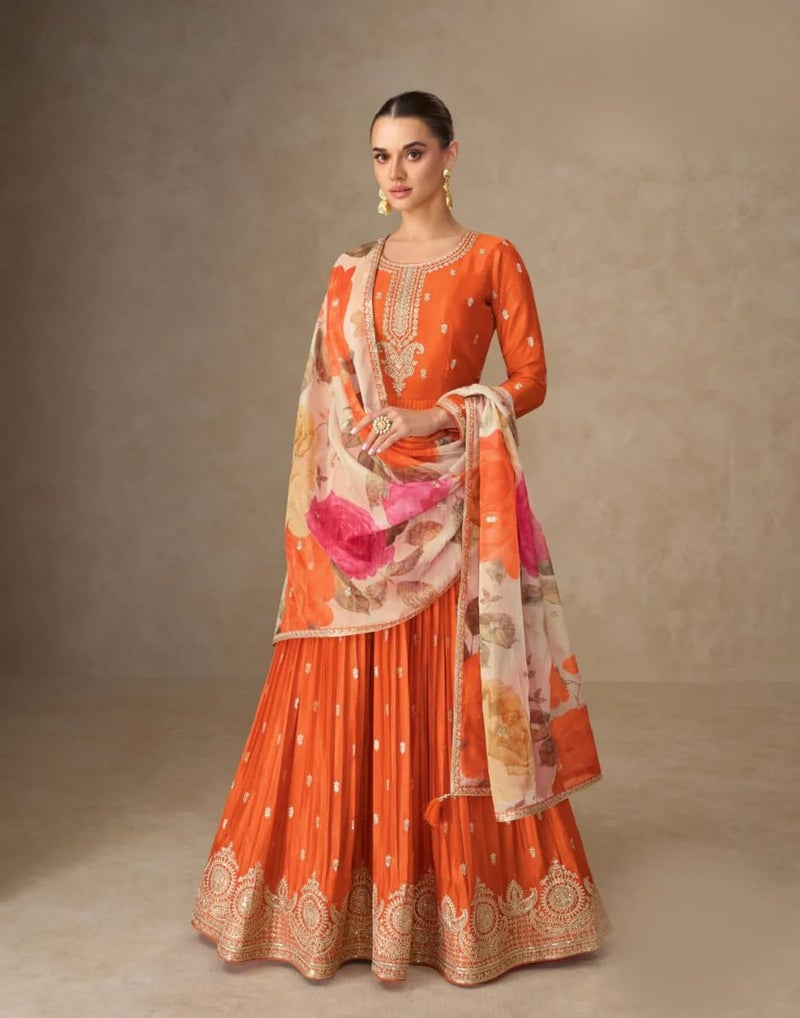 Miss Ethnik Women's Orange Chinon Stitched Gown With Dupatta Full Sleeve Embroidered A-Line Gown (ME-1307-Orange-4XL) - Image 2