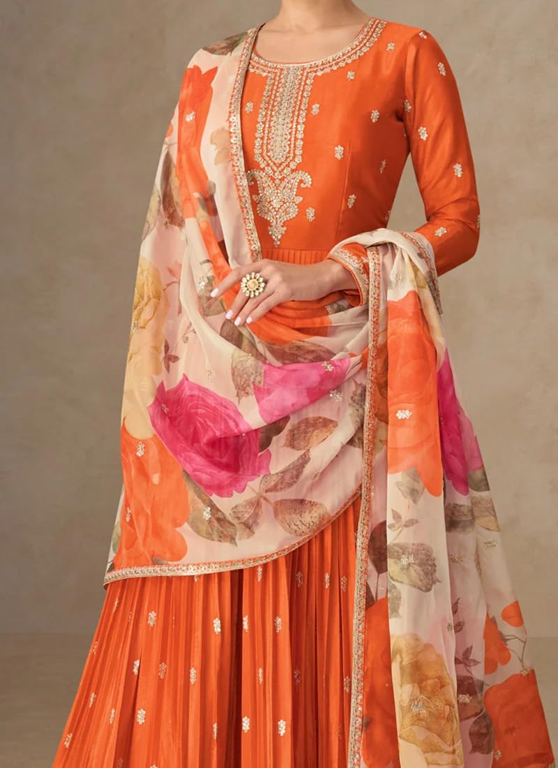 Miss Ethnik Women's Orange Chinon Stitched Gown With Dupatta Full Sleeve Embroidered A-Line Gown (ME-1307-Orange-4XL) - Image 4
