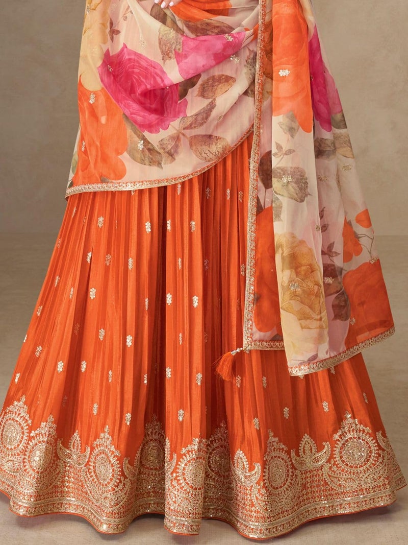 Miss Ethnik Women's Orange Chinon Stitched Gown With Dupatta Full Sleeve Embroidered A-Line Gown (ME-1307-Orange-4XL) - Image 5
