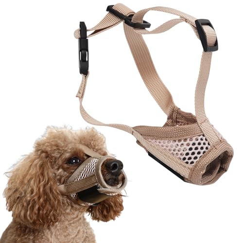 PEUTIER Muzzle for Dog, Soft Pet Muzzle to Stop Chewing Puppy Muzzle with Breathable Mesh & Stable Head Strap Design Mouth Mesh Muzzle Prevent Biting for Large Medium Small Dogs (S), khaki - Image 1