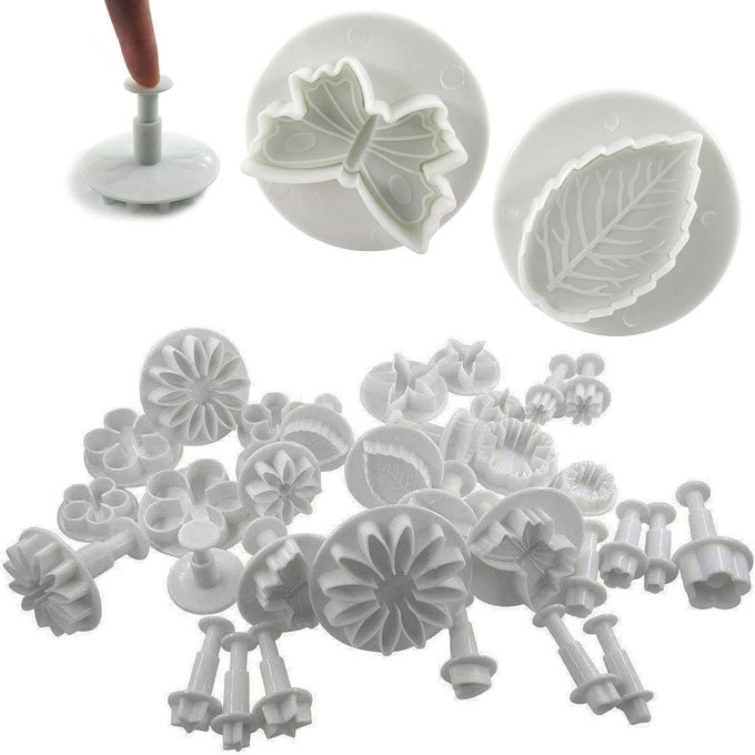 33 PCS FONDANT TOOLS FONDANT CAKE MOULD EJECTOR STAMP MODELING COOKIE PLUNGER CUTTER SUGARCRAFT FLOWER LEAF BUTTERFLY HEART SHAPE DECORATING MOLD DIY TOOLS
