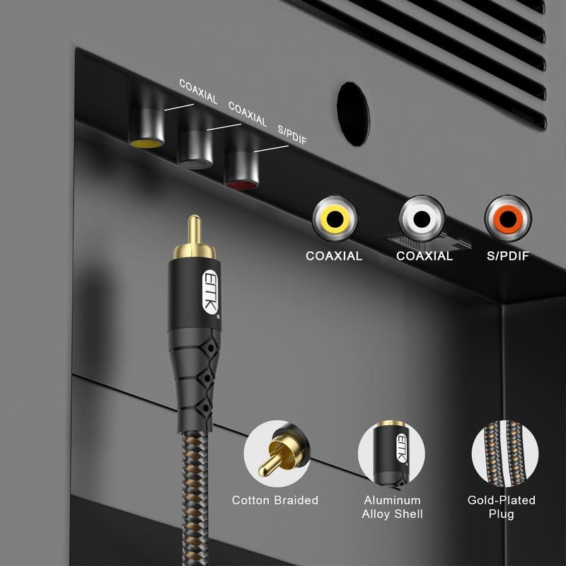 EMK RCA to RCA Subwoofer Cable â€“ 24K Gold-Plated Connector Nylon Braided Double Shielded Audio Cable Digital&Analog Signal Support for Amplifiers Subwoofer Home Theater Hi-Fi Systems Black/10ft/3m - Image 3