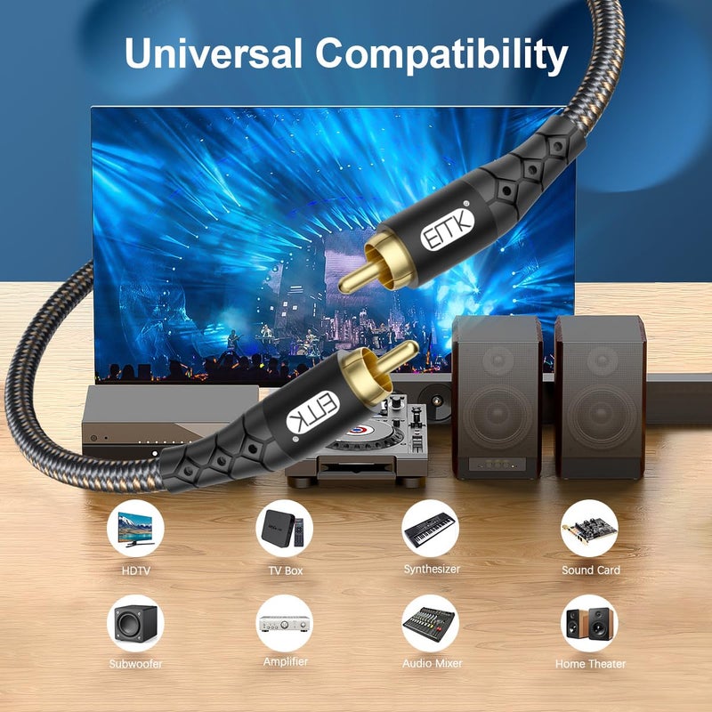 EMK RCA to RCA Subwoofer Cable â€“ 24K Gold-Plated Connector Nylon Braided Double Shielded Audio Cable Digital&Analog Signal Support for Amplifiers Subwoofer Home Theater Hi-Fi Systems Black/10ft/3m - Image 2