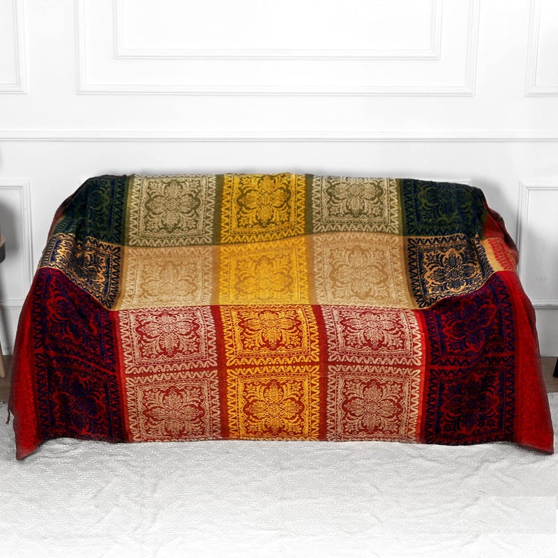 DECMAY Chenille Jacquard Boho Throw Blanket with Tassels Throw for 2 3 4 Seater Sofa Tartan Blankets and Throws for Bedspreads Armchairs Furniture Bed Throw Red Blue 220 x 260 cm