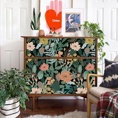 Simon&Siff 17.3'' x 120"" Floral Peel and Stick Wallpaper, Vintage Removable Stick on Floral Contact Paper Vinyl Floral Wall Paper for Bathroom Kitchen Cabinet Furniture, Covers 14.42 Sq Ft, Green - Image 4