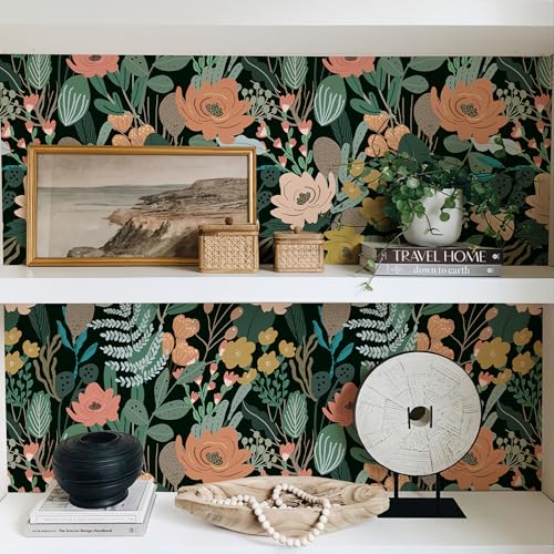 Simon&Siff 17.3'' x 120"" Floral Peel and Stick Wallpaper, Vintage Removable Stick on Floral Contact Paper Vinyl Floral Wall Paper for Bathroom Kitchen Cabinet Furniture, Covers 14.42 Sq Ft, Green - Image 2