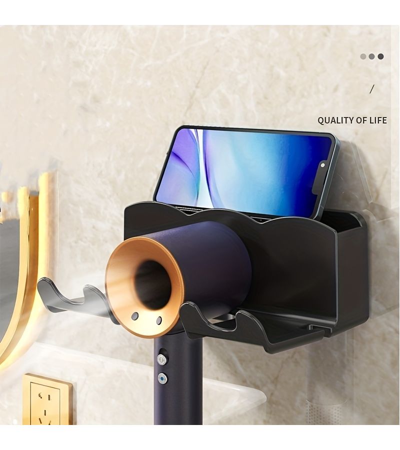 1pc White Wall Mounted Hair Dryer Bracket For Bathroom Shelves No Drilling Storage Rack - Image 4