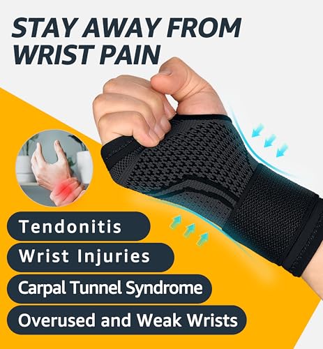 HiRui 2-Pack Wrist Brace Wrist Wraps, Hand Compression Sleeves with Wrist Straps Support for Fitness Weightlifting MTB Tendonitis Carpal Tunnel Arthritis Pain Relief (Black, Medium) - Image 3