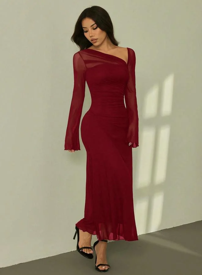 Take Two Burgundy Asymmetric Neck Long Sleeve Maxi Dress