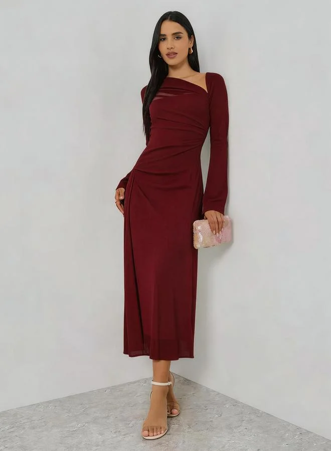 Take Two Burgundy Asymmetric Neck Long Sleeve Maxi Dress