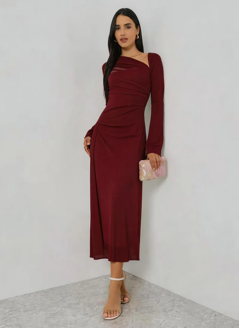 Take Two Burgundy Asymmetric Neck Long Sleeve Maxi Dress