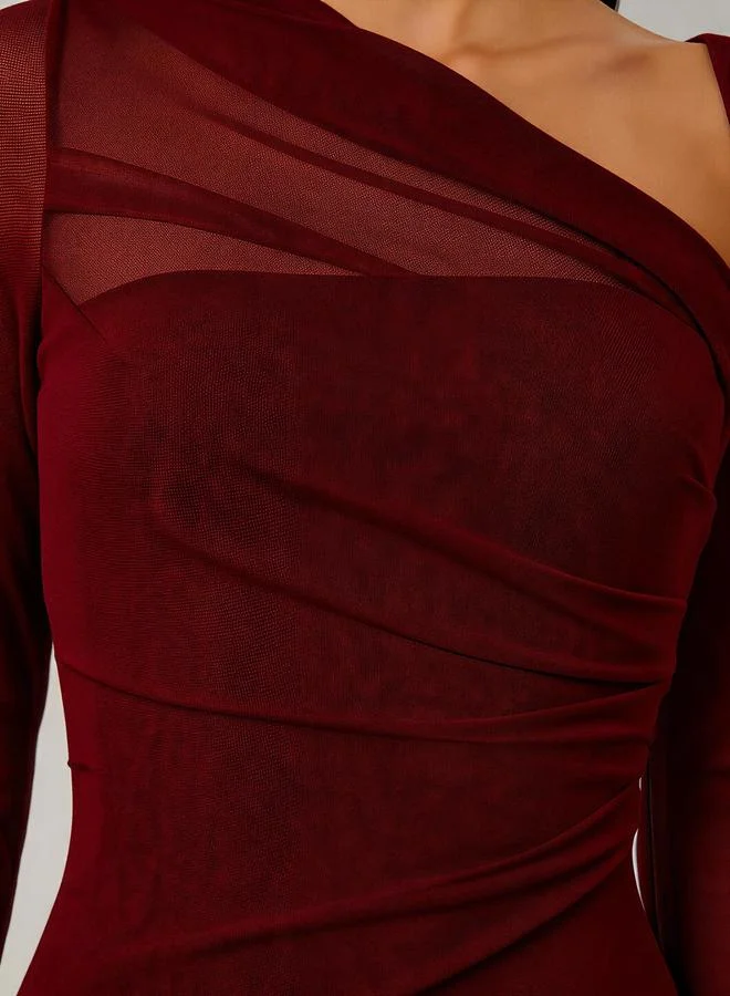 Take Two  Burgundy Asymmetric Neck Long Sleeve Maxi Dress for Women | Best Price UAE