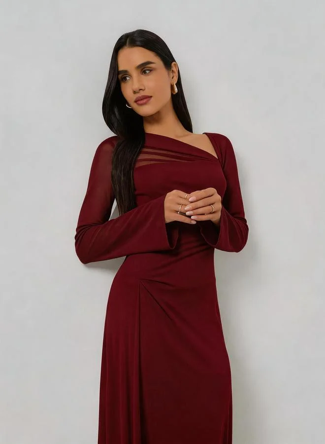 Take Two  Burgundy Asymmetric Neck Long Sleeve Maxi Dress for Women | Best Price UAE