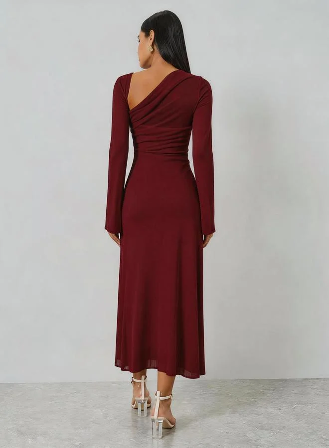 Take Two  Burgundy Asymmetric Neck Long Sleeve Maxi Dress for Women | Best Price UAE
