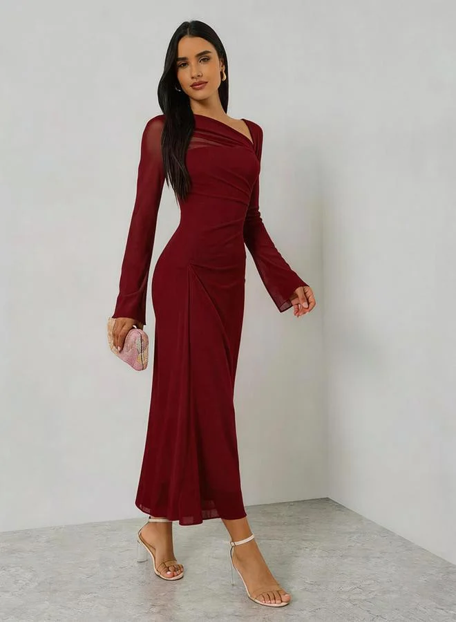 Take Two  Burgundy Asymmetric Neck Long Sleeve Maxi Dress for Women | Best Price UAE