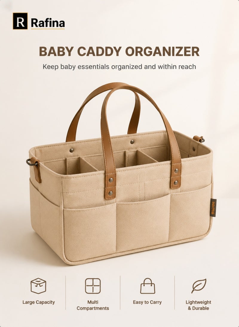 Rafina Large Felt Baby Diaper Caddy Organizer with Multiple Compartments, Outer Pockets and Carry Handles, Khaki, 38 x 25 x 18 cm - Image 1