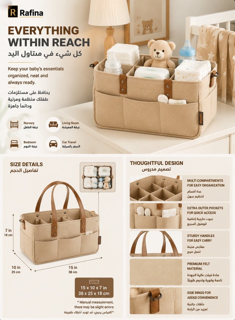 Rafina Large Felt Baby Diaper Caddy Organizer with Multiple Compartments, Outer Pockets and Carry Handles, Khaki, 38 x 25 x 18 cm - Image 5