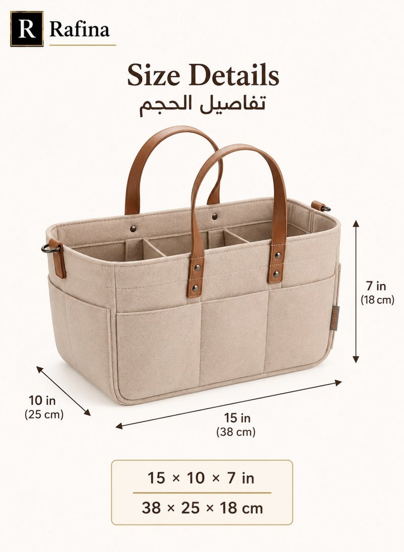 Rafina Large Felt Baby Diaper Caddy Organizer with Multiple Compartments, Outer Pockets and Carry Handles, Khaki, 38 x 25 x 18 cm - Image 3