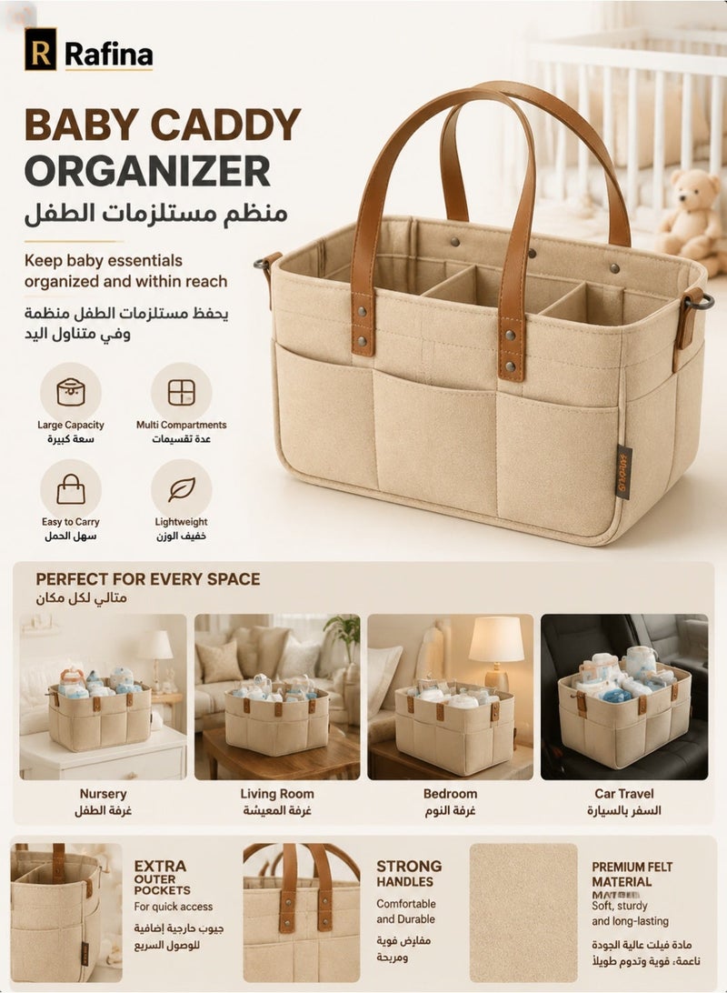 Rafina Large Felt Baby Diaper Caddy Organizer with Multiple Compartments, Outer Pockets and Carry Handles, Khaki, 38 x 25 x 18 cm - Image 2