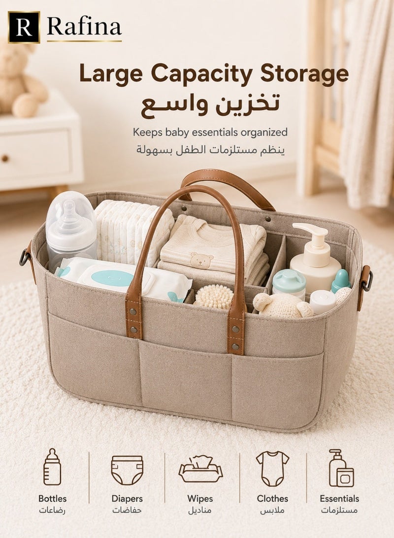 Rafina Large Felt Baby Diaper Caddy Organizer with Multiple Compartments, Outer Pockets and Carry Handles, Khaki, 38 x 25 x 18 cm - Image 4