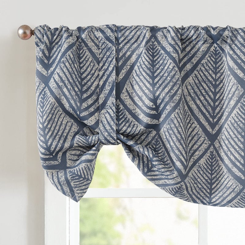 jinchan Tie Up Geometric Valance Curtain for Kitchen Living Room Ferns Leaf Print Light Filtering Adjustable Thermal Insulated Window Curtains 18 Inch Rod Pocket 1 Panel Blue on Beige - Image 1