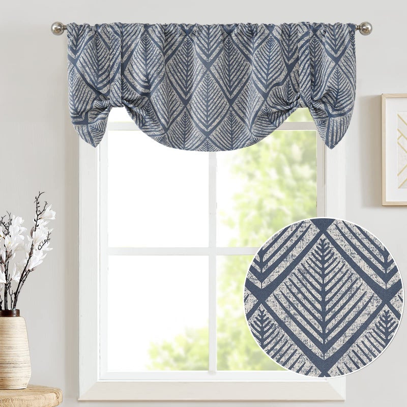 jinchan Tie Up Geometric Valance Curtain for Kitchen Living Room Ferns Leaf Print Light Filtering Adjustable Thermal Insulated Window Curtains 18 Inch Rod Pocket 1 Panel Blue on Beige - Image 3