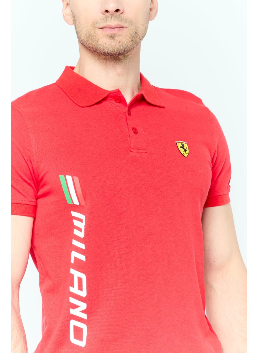 Scuderia Ferrari Men Regular Fit Brand Logo Short Sleeves Polo Shirt, Red Combo  - Image 3
