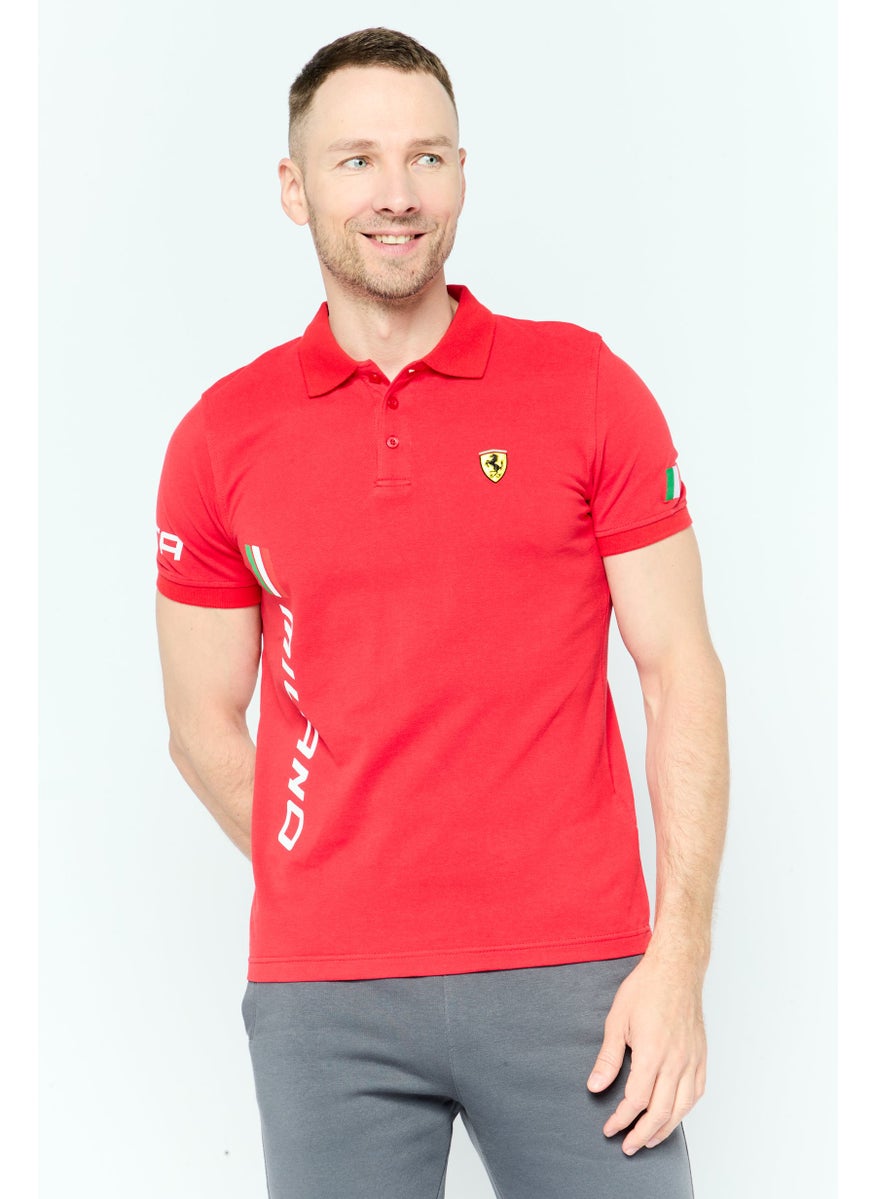 Scuderia Ferrari Men Regular Fit Brand Logo Short Sleeves Polo Shirt, Red Combo  - Image 1