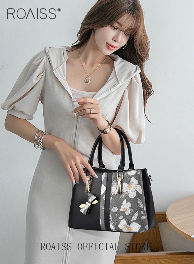 roaiss Women's Pu Leather Patchwork Printed Handbag Elegant And Adjustable Detachable Shoulder Bag Zipper Opening And Closing Design Multi-Layer Large Capacity Tote Bag - Image 2