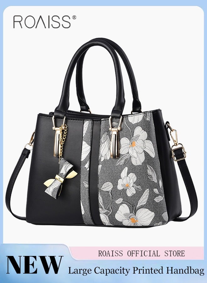 roaiss Women's Pu Leather Patchwork Printed Handbag Elegant And Adjustable Detachable Shoulder Bag Zipper Opening And Closing Design Multi-Layer Large Capacity Tote Bag - Image 1