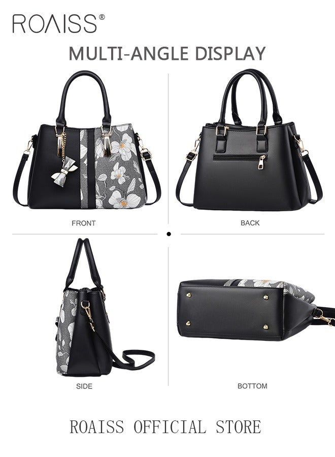 roaiss Women's Pu Leather Patchwork Printed Handbag Elegant And Adjustable Detachable Shoulder Bag Zipper Opening And Closing Design Multi-Layer Large Capacity Tote Bag - Image 5
