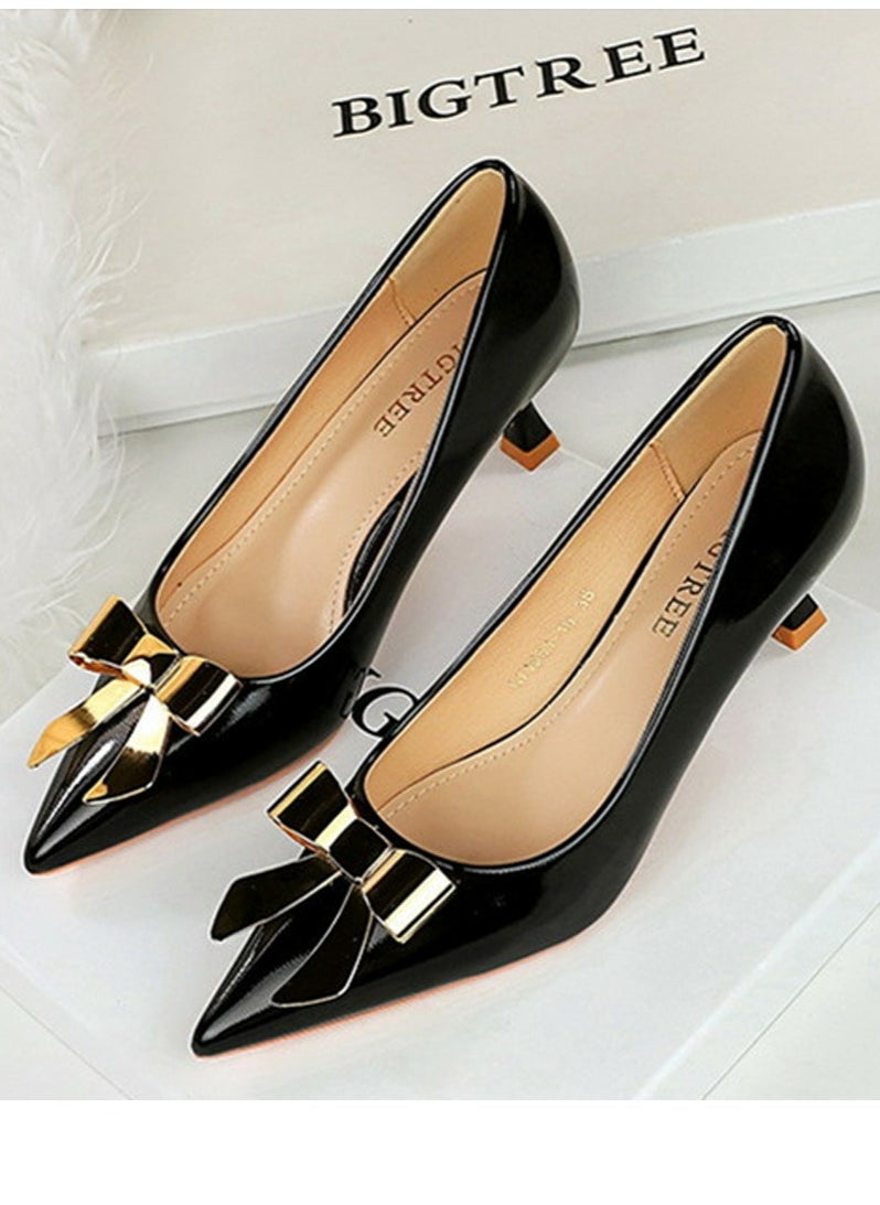 BIGTREE Women's Closed Pointed Toe Stiletto Pump Metal Bowknot Decoration Mid Heels Black 5.5CM  - Image 1