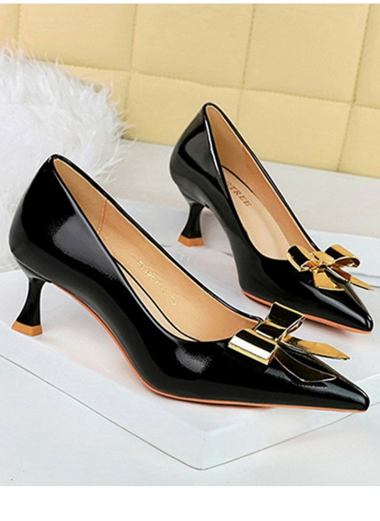 BIGTREE Women's Closed Pointed Toe Stiletto Pump Metal Bowknot Decoration Mid Heels Black 5.5CM  - Image 2