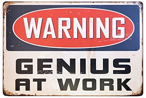 ERLOOD Warning Genius At Work Tin Sign Wall Retro Metal dorm room Vintage Decor 12 X 8 - Image 1