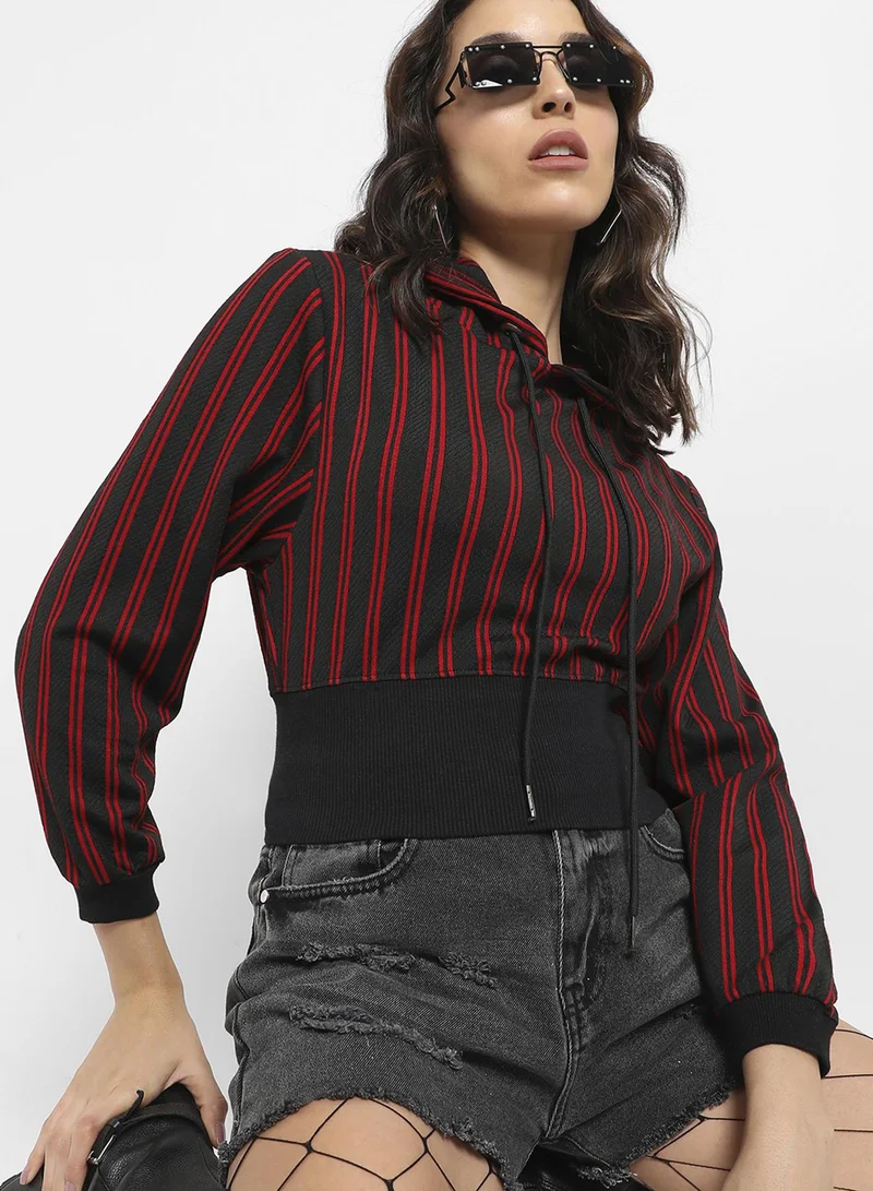 كامبوس سوترا هودي نسائي مخطط مزدوج أحمر وأسود بحافة مضلعة للاستخدام اليومي