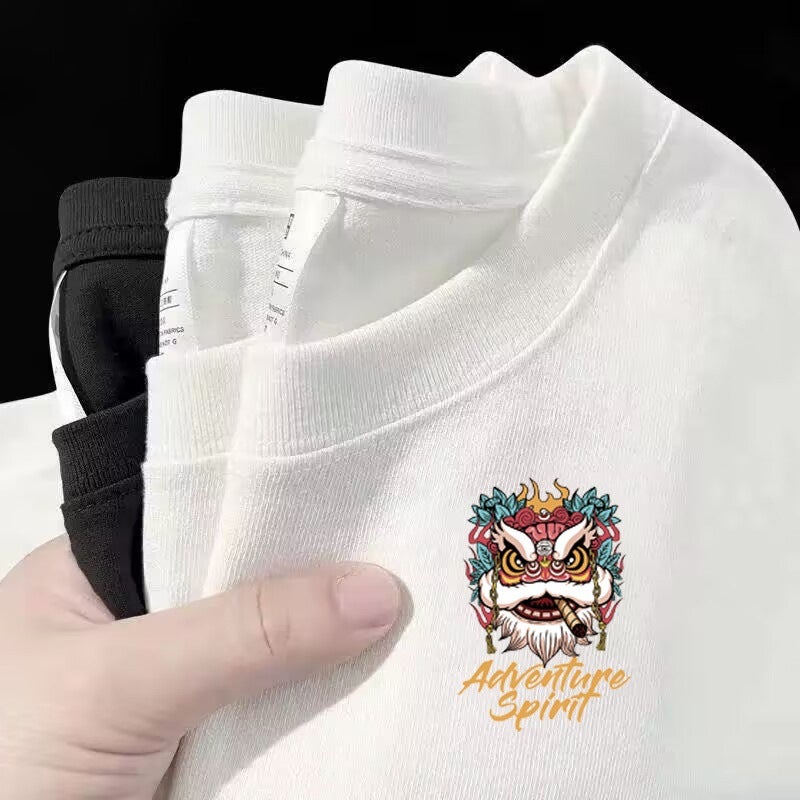 Men's Short Sleeve T-Shirt Cotton 200g Loose Fit Crew Neck Printed Streetwear - Image 1