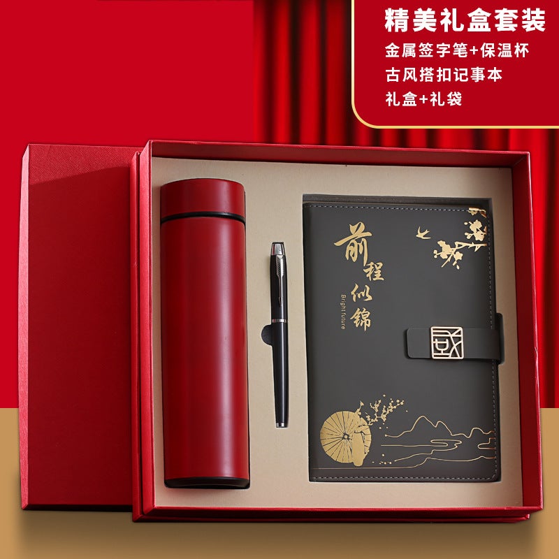 Generic A5 Trendy Thick Notebook Diary Gift Set A5 Gray Book + thermos cup + signature pen 