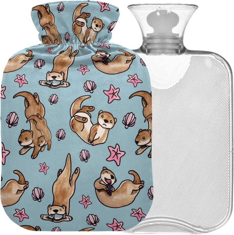 Naanle Naanle Sea Animal Otters Hot Water Bottle with Cover Hot and Cold Therapy Transparent Warm Water Bottle 1L Hot Water Bag for Bed Hand Feet Warmer Pain Relief 
