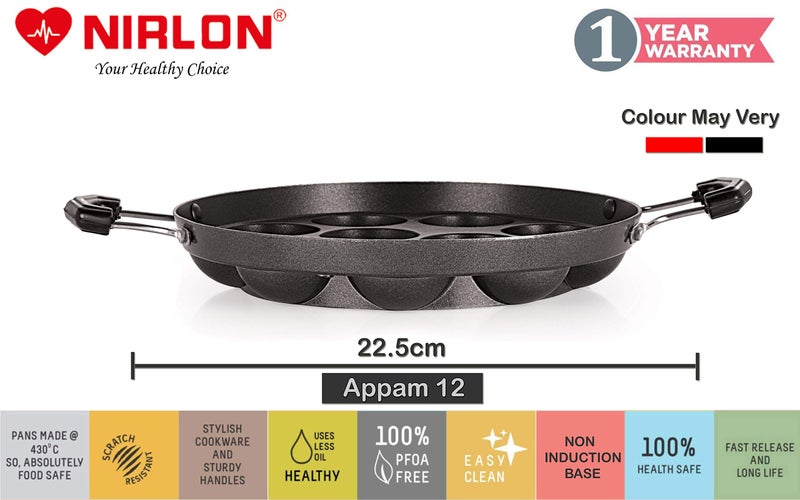 Nirlon Non-Stick Aluminium 12 Cavity Appam PatraPaniyarakkal | Paniyaram | Appam Pan | Pan Cake Maker | Ponganal Maker | Kuzhi Paniyaram | Paddu Tawa with 2 Side Handle[3 mm_Classic AP12_No_LID] - Image 2