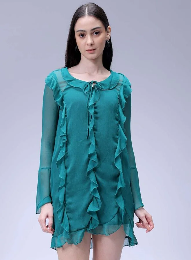 Women Fit and Flared Solid V-Neck Long Sleeve Ruffle Dress