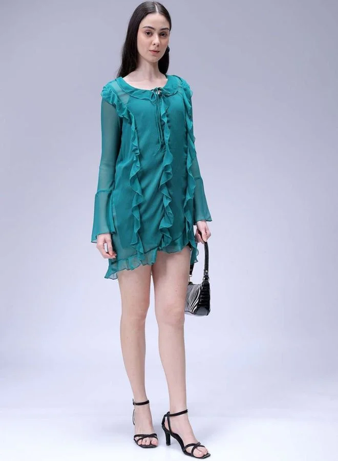 Freehand  Women Fit and Flared Solid V-Neck Long Sleeve Ruffle Dress for Women | Best Price UAE
