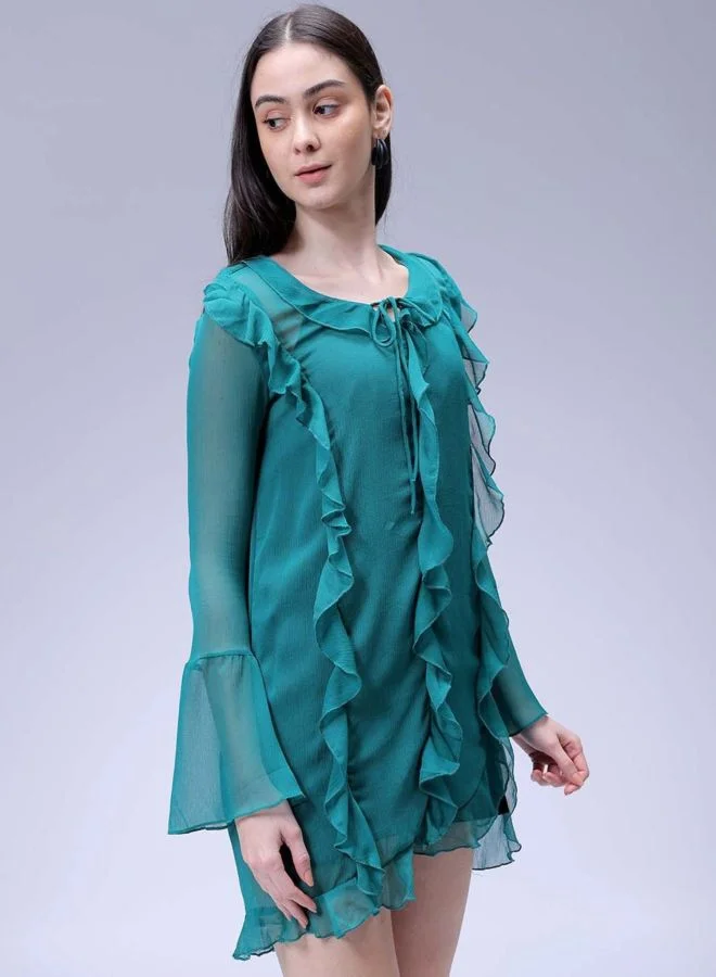 Freehand  Women Fit and Flared Solid V-Neck Long Sleeve Ruffle Dress for Women | Best Price UAE