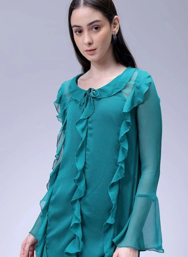 Freehand  Women Fit and Flared Solid V-Neck Long Sleeve Ruffle Dress for Women | Best Price UAE