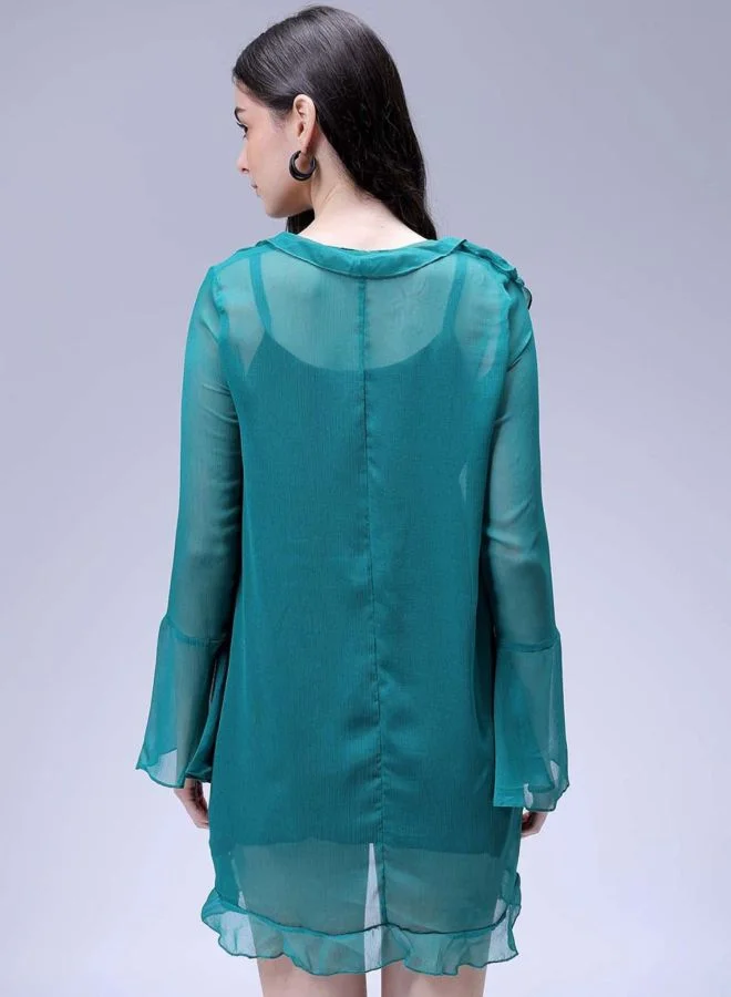 Freehand  Women Fit and Flared Solid V-Neck Long Sleeve Ruffle Dress for Women | Best Price UAE