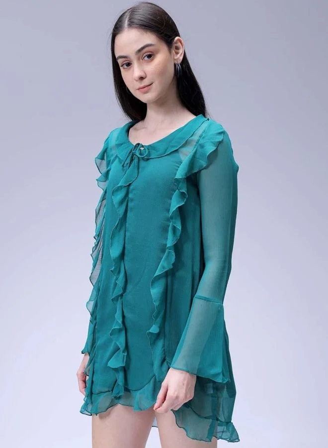 Freehand  Women Fit and Flared Solid V-Neck Long Sleeve Ruffle Dress for Women | Best Price UAE