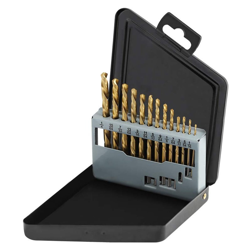 COMOWARE Left Hand Drill Bit Set, 13 Piece | M2 HSS with Titanium Nitride Coating | SAE (1/16" - 1/4") - Image 1