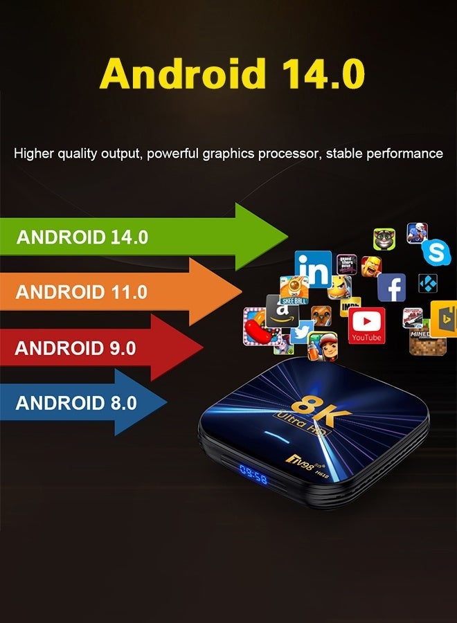 تلفزيون صندوق تلفاز ذكي يعمل بنظام أندرويد 14.0، 4G/64G، 2.4G، 5G، واي فاي مزدوج، 6 قنوات، H.265، 8K، Allwinner H618، مشغل وسائط UHD رباعي النواة، أجهزة فك التشفير - Image 3