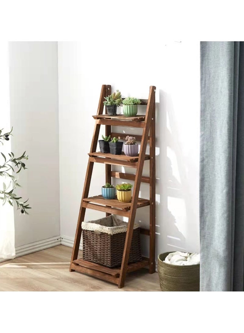 LINGWEI Pure Solid Wood Ladder Design Flowers Pot Stand Flowers Plants Pot Rack Wooden Book Rack Bookshelf Storage Organizer Brown  - Image 2