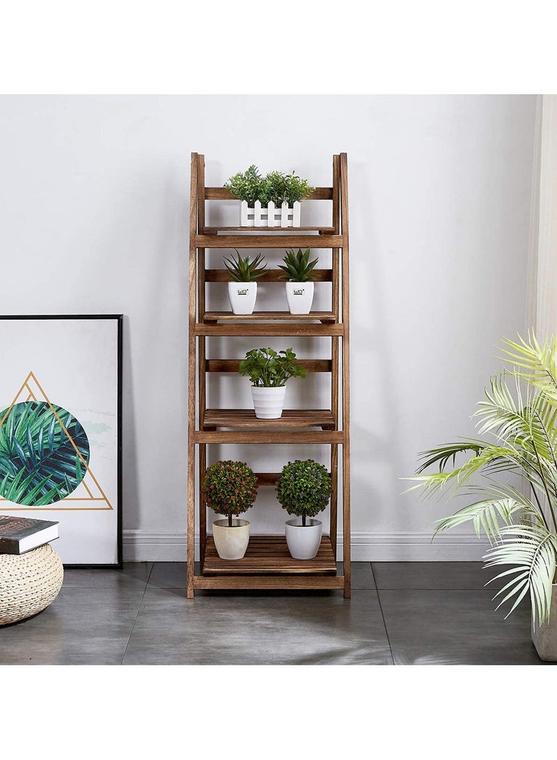 LINGWEI Pure Solid Wood Ladder Design Flowers Pot Stand Flowers Plants Pot Rack Wooden Book Rack Bookshelf Storage Organizer Brown  - Image 3